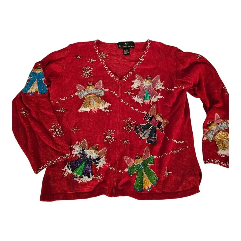 Christopher Radko Christmas Zipper sweater Cardigan sequin Angels Sx L